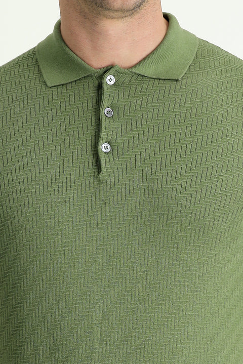 Yağ Yeşili-Olive Polo Yaka Regular Fit Desenli Pamuklu Tişört