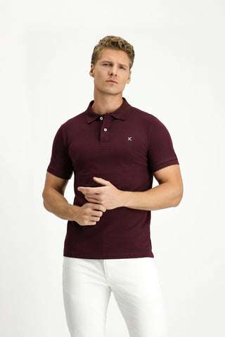 Koyu Bordo Polo Yaka Slim Fit Nakışlı %100 Pamuk Tişört