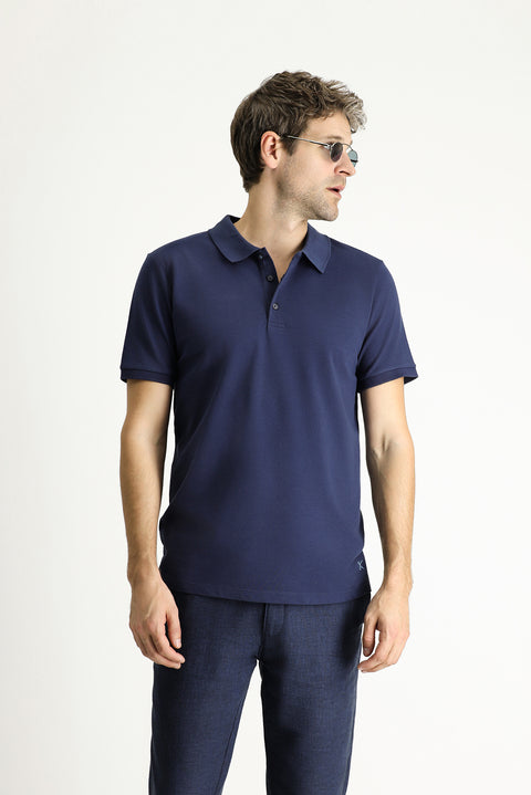 Lacivert Slim Fit Dar Kesim Nakışlı Pamuk Polo Yaka Tişört