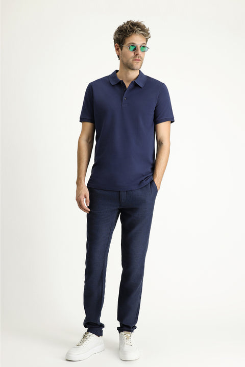 Lacivert Slim Fit Dar Kesim Nakışlı Pamuk Polo Yaka Tişört