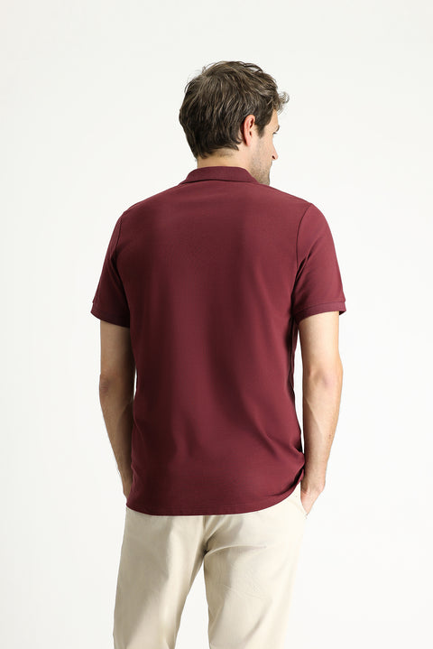 Koyu Bordo Slim Fit Dar Kesim Nakışlı Pamuk Polo Yaka Tişört