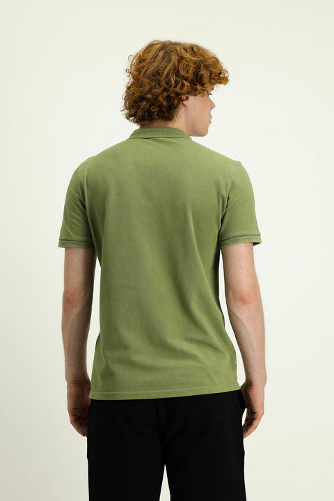 Medium Khaki Polo Collar Slim Fit Narrow Cut Embroidered Cotton T-Shirt