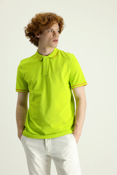 Pistachio Green Polo Collar Slim Fit Narrow Cut Cotton T-shirt