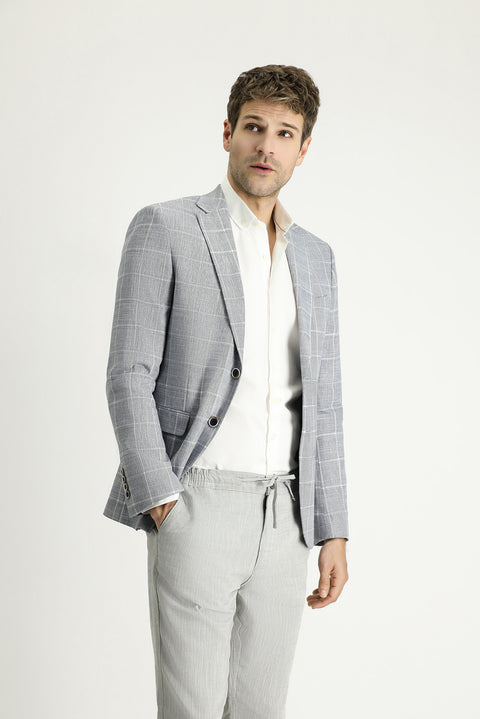 Light Navy 7 Drop Slim Fit Plaid Cotton Linen Blend Jacket