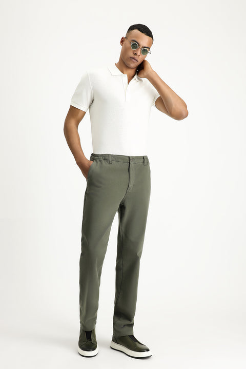 Medium Khaki Regular Fit Standard Cut Elasticated Waist Stretchy Canvas / Chino Trousers