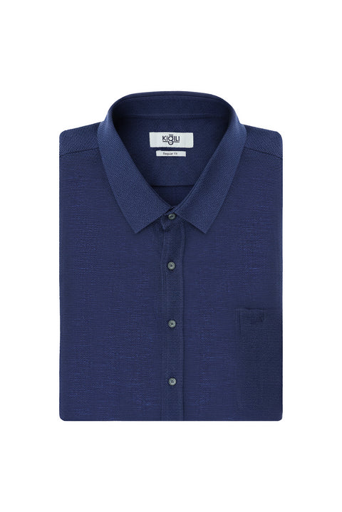 Light Navy Blue Plus Size Long Sleeve Patterned Pocket Cotton Linen Look Shantuk Shirt