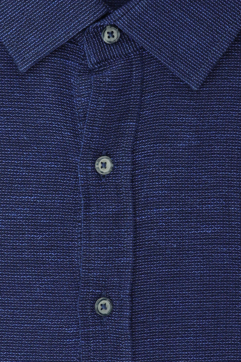Light Navy Blue Plus Size Long Sleeve Patterned Pocket Cotton Linen Look Shantuk Shirt