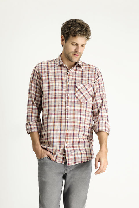 Light Burgundy Long Sleeve Regular Fit Plaid Cotton Shirt