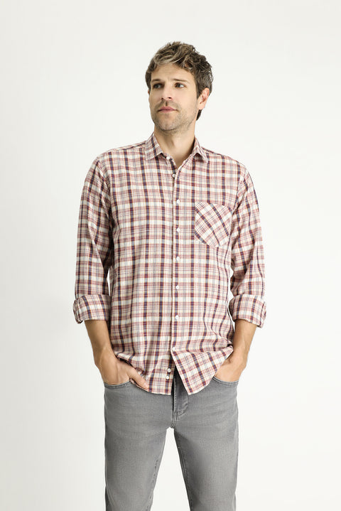 Light Burgundy Long Sleeve Regular Fit Plaid Cotton Shirt