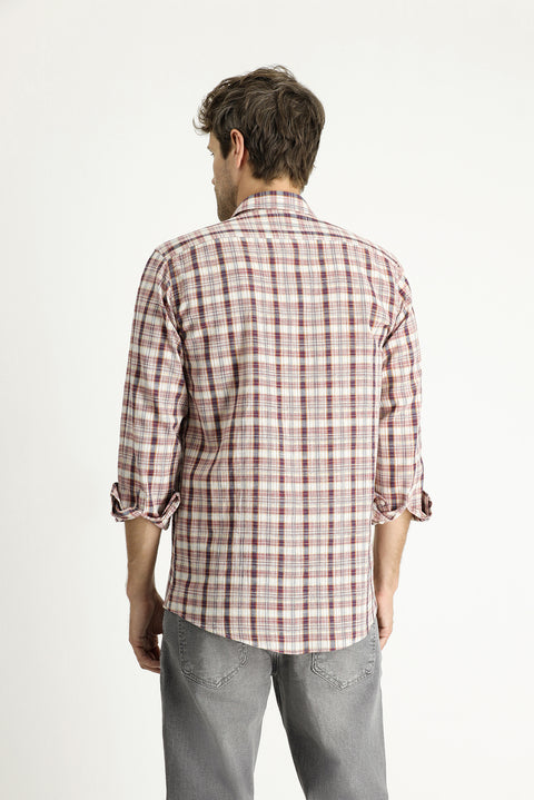 Light Burgundy Long Sleeve Regular Fit Plaid Cotton Shirt