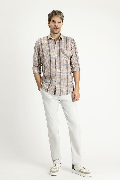 Açık Kahve Uzun Kol Regular Fit Ekose Pamuk Gömlek