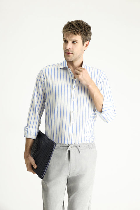 Koyu Mavi Uzun Kol Slim Fit Dar Kesim Çizgili Spor Keten Karışımlı Pamuklu Gömlek