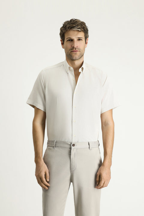Dark Beige Short Sleeve Regular Fit Patterned Cotton Easy-Iron Button-Down Collar Shirt