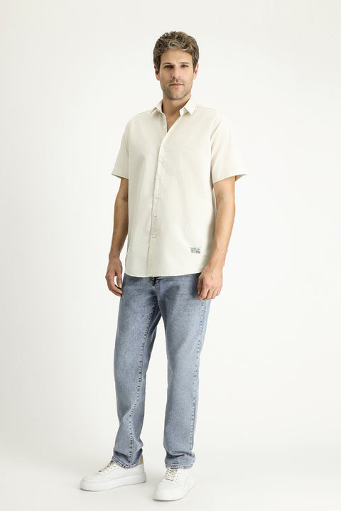 Stone Short Sleeve Regular Fit Patterned Waffle Cotton Shirt
