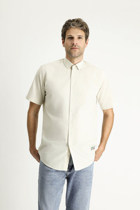 Stone Short Sleeve Regular Fit Patterned Waffle Cotton Shirt