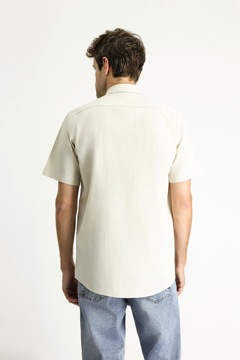Stone Short Sleeve Regular Fit Patterned Waffle Cotton Shirt