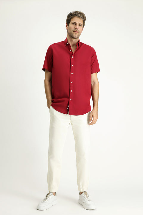 Dark Red Short Sleeve Regular Fit Sport Cotton Button-Down Shirt