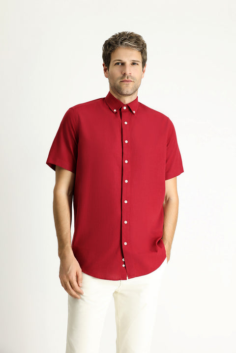 Dark Red Short Sleeve Regular Fit Sport Cotton Button-Down Shirt