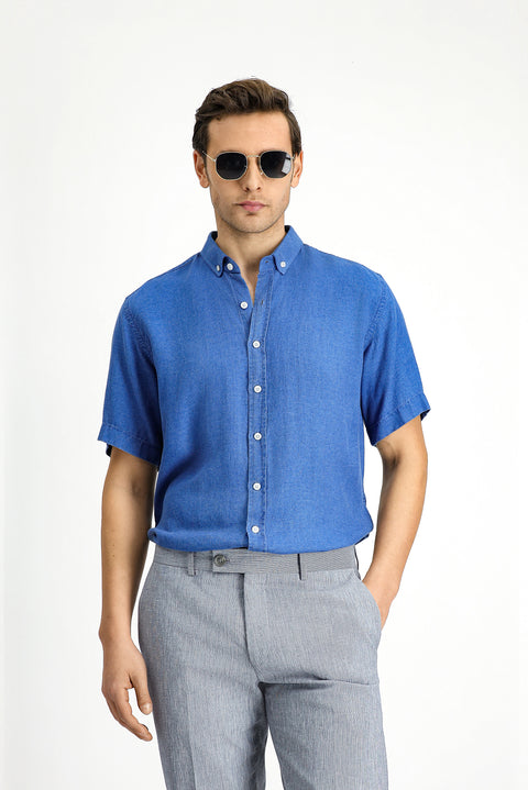 Medium Navy Short Sleeve Regular Fit Sport Button-Down Collar Denim Look Shirt