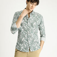 Mint Green Long Sleeve Slim Fit Printed Cotton Shirt