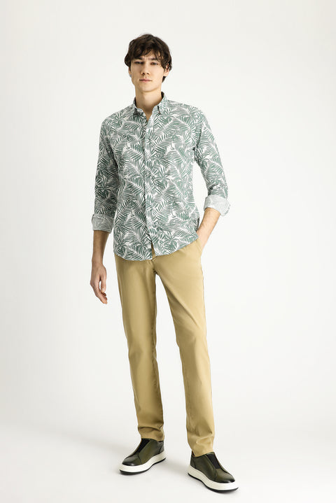 Mint Green Long Sleeve Slim Fit Printed Cotton Shirt