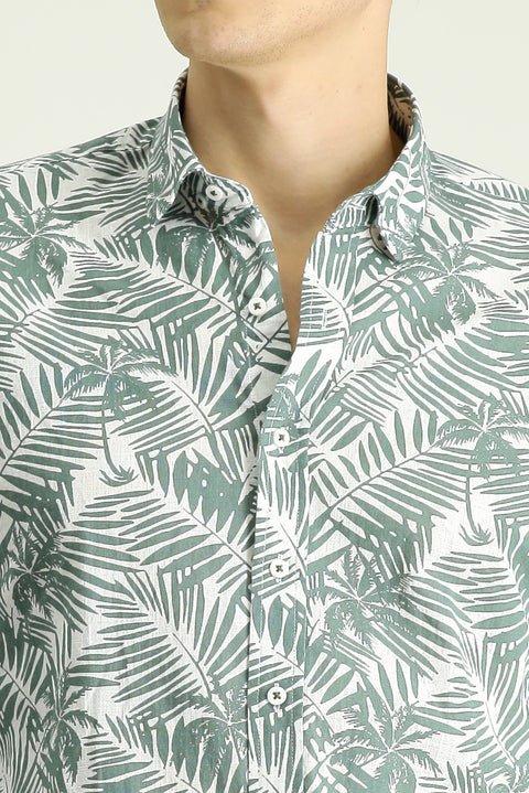 Mint Green Long Sleeve Slim Fit Printed Cotton Shirt