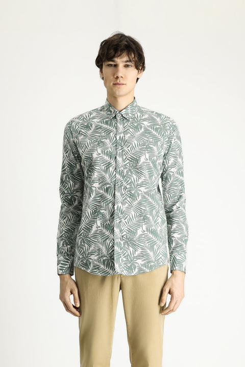 Mint Green Long Sleeve Slim Fit Printed Cotton Shirt
