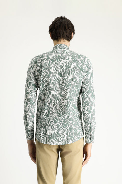 Mint Green Long Sleeve Slim Fit Printed Cotton Shirt