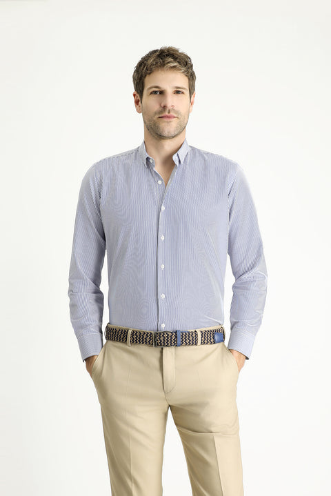 Medium Navy Long Sleeve Slim Fit Striped Cotton Easy-Iron Shirt