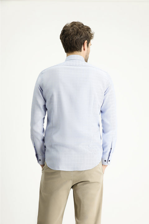 Blue Long Sleeve Slim Fit Narrow Cut Non-Iron Plaid Cotton Shirt