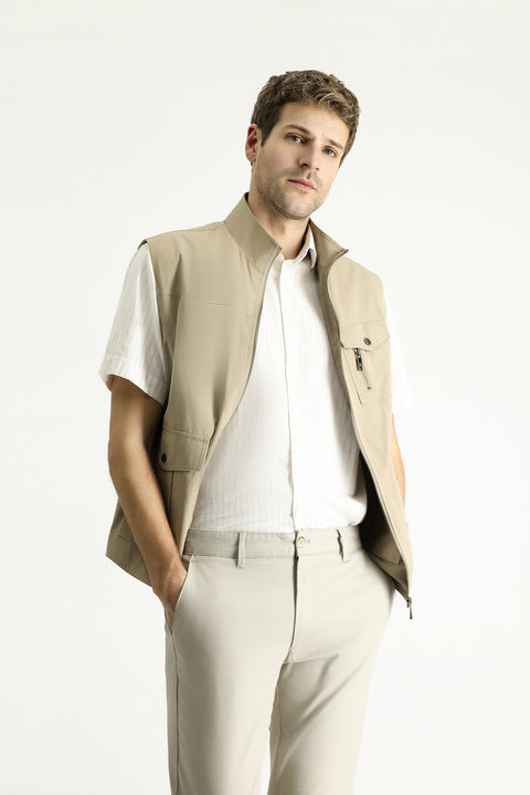 Light Beige Cotton Utility/Safari Vest with Pockets