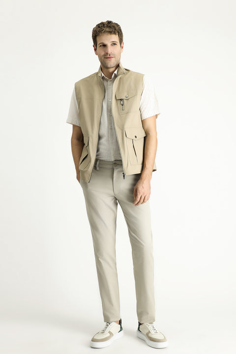 Light Beige Cotton Utility/Safari Vest with Pockets