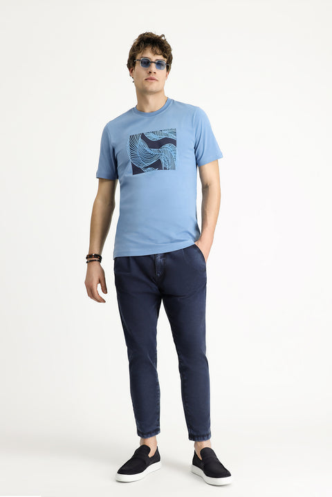 Aviator Blue Crew Neck Slim Fit Printed Cotton T-Shirt