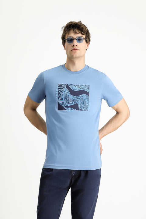 Aviator Blue Crew Neck Slim Fit Printed Cotton T-Shirt