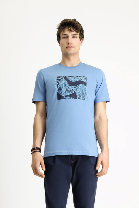 Aviator Blue Crew Neck Slim Fit Printed Cotton T-Shirt