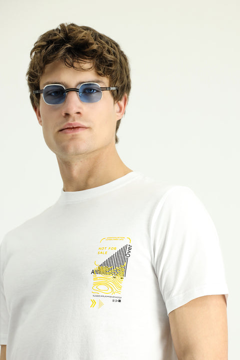 White Crew Neck Slim Fit Printed Cotton T-shirt