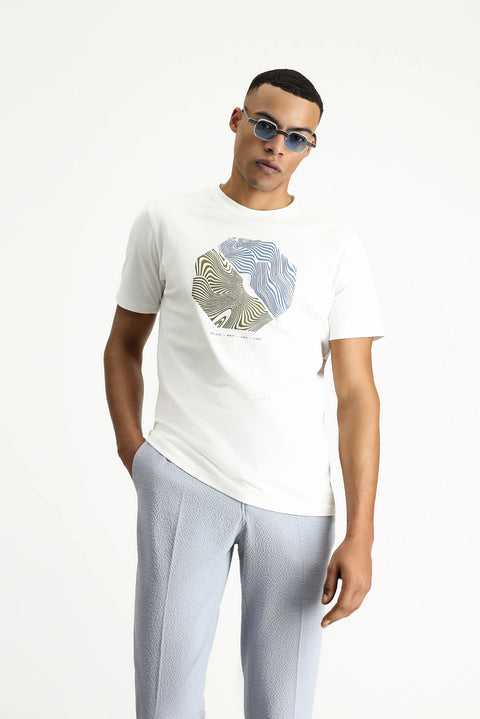Off-white crew neck slim fit printed cotton t-shirt.