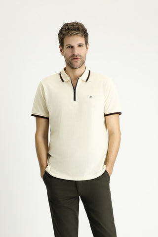 Krem Polo Yaka Regular Fit Fermuarlı Desenli Pamuk Tişört