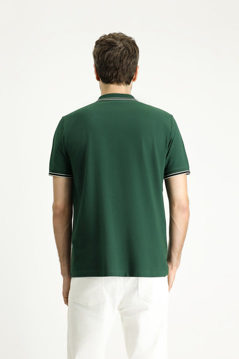 Forest Green Polo Collar Regular Fit Zip-Up Patterned Cotton T-Shirt