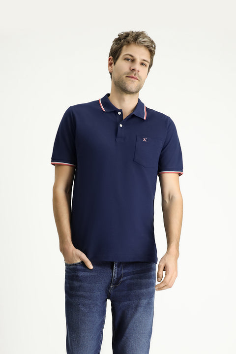 Orta Lacivert Regular Fit Desenli Nakışlı Pamuk Polo Yaka Tişört