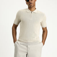 Light Beige Polo Collar Regular Fit Zip-Up Patterned Cotton T-Shirt