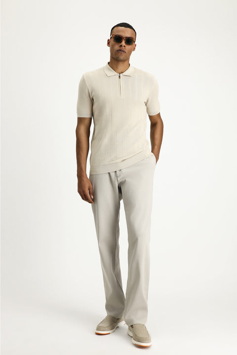 Light Beige Polo Collar Regular Fit Zip-Up Patterned Cotton T-Shirt