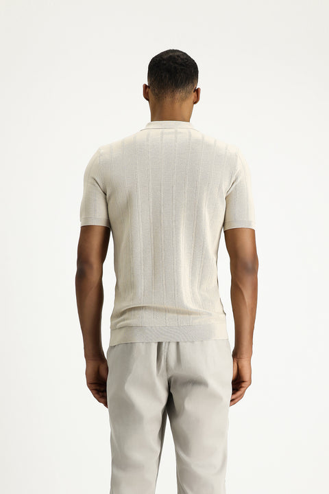 Light Beige Polo Collar Regular Fit Zip-Up Patterned Cotton T-Shirt