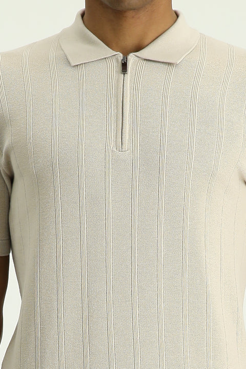 Light Beige Polo Collar Regular Fit Zip-Up Patterned Cotton T-Shirt