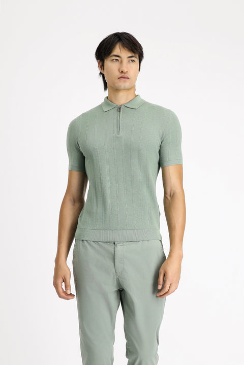 Çağla Yeşili Polo Yaka Regular Fit Fermuarlı Desenli Pamuklu Tişört