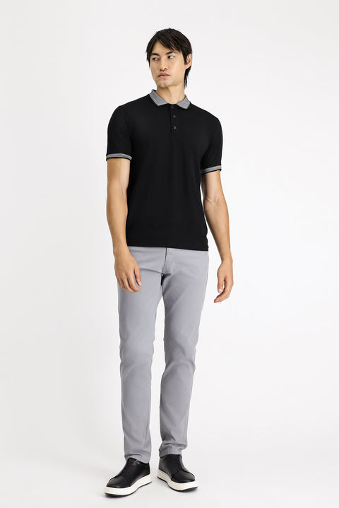 Black Polo Collar Slim Fit Narrow Cut Patterned Cotton T-shirt