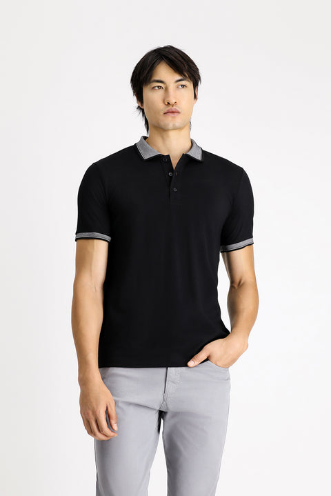 Black Polo Collar Slim Fit Narrow Cut Patterned Cotton T-shirt