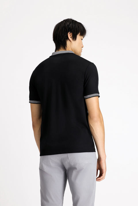 Black Polo Collar Slim Fit Narrow Cut Patterned Cotton T-shirt