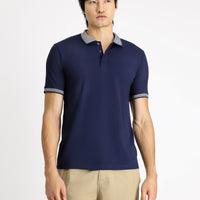 Medium Navy Polo Collar Slim Fit Narrow Cut Patterned Cotton T-shirt