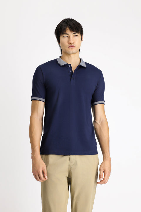 Medium Navy Polo Collar Slim Fit Narrow Cut Patterned Cotton T-shirt